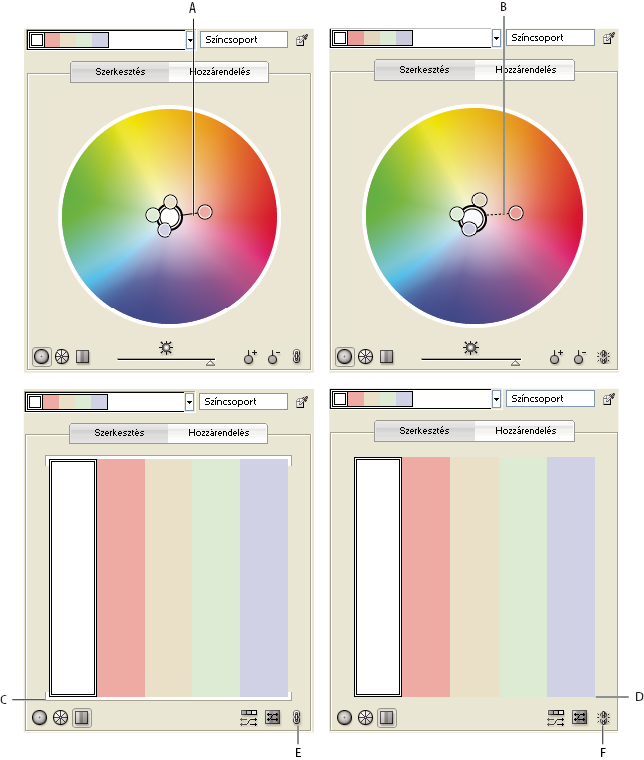ILLUSTRATOR CS3 118 A. Csatolt színek egy színkörön B. Nem csatolt színek egy színkörön C. Csatolt színek egy színellenőrző csíkon D. Nem csatolt színek egy színellenőrző csíkon E.
