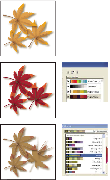 ILLUSTRATOR CS3 120 A grafika eredeti színei (felül), új színek hozzárendelése a Színcsoportok lista egyik színcsoportjának kijelölésével (középen), valamint új színek hozzárendelése a