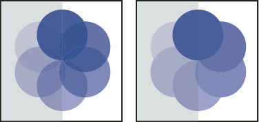 ILLUSTRATOR CS3 174 Egyenként kijelölt és 50 százalékos fedettségűre állított objektumok (bal oldalon), illetve 50 százalékos fedőképességűre állított réteg (jobb oldalon) Elemek kijelölése