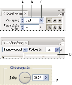 ILLUSTRATOR CS3 17 Értékek beírásának módjai A. Nyílgombok B. Szövegmező C. Menü nyílgomb D. Csúszka E.