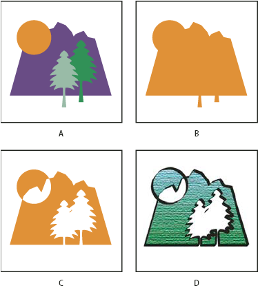 ILLUSTRATOR CS3 233 Összetett alakzatok használata A. Eredeti objektumok B. A létrehozott összetett alakzat C. Egyedi alakzat módok minden egyes összetevőre alkalmazva D.