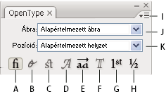 ILLUSTRATOR CS3 319 OpenType panel A. Szabványos ligatúrák B. Környezetfüggő változatok C. Tetszés szerinti ligatúrák D. Hajlítás E. Stílusváltozatok F. Címváltozatok G. Sorszámok H. Törtek I.