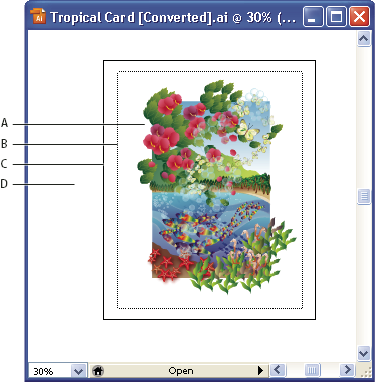 ILLUSTRATOR CS3 42 Illusztrációs ablak A. Nyomtatási terület B. Nem nyomtatható területek C. Az oldal szegélye D. Rajztábla A nyomtatható területet a legbelső pontozott vonalak határolják.