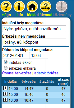 1.8. Útvonal tervezése Lehetőség van a WEB-es felületen két megállóhely között útvonalak tervezésére, a program egy átszállással, vagy átszállás nélkül kínál utazási lehetőségeket.