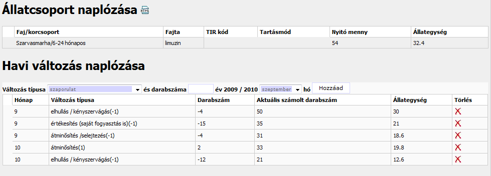 Állatállomány Az állatcsoport létrehozása, ill.