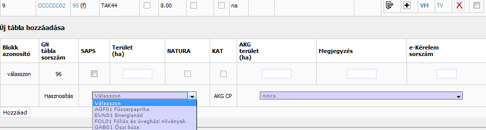 Új tábla felvitelére a blokk választását követően, a lap alján van lehetőség. A rendszer adja a GN táblasorszámot, mely gazdaság szinten a következő legkisebb érték.