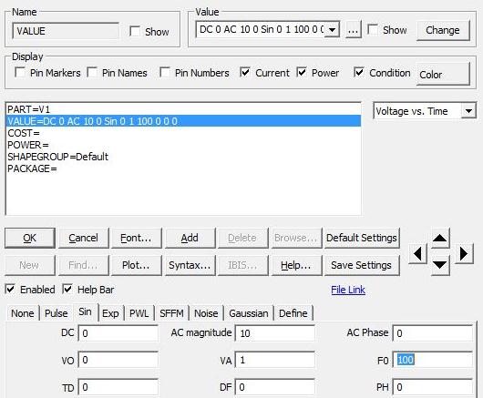 paraméter Value mezőjébe, majd ezt követően állíthatók be az egyes paraméterek: F:100[Hz], A:10[Amplitudo], DC:0[Offset], PH:0[Phase], RS:1m[Resistance]).