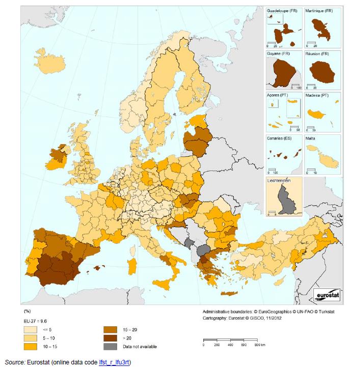 1.3. ábra: A 15-74 éves lakosság munkanélküliségi rátája NUTS 2 régiók szerint (2011) Forrás: http://epp.