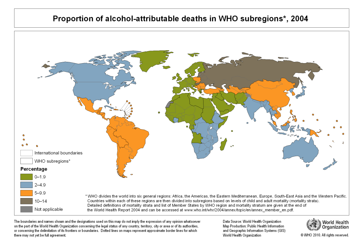 ábra: Az alkohollal összefüggésbe hozható halálesetek aránya a WHO