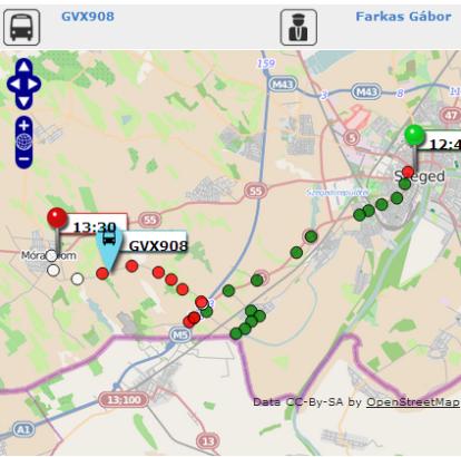 Diszpécser szoftver Jármű információk A felületen az alábbi adatok, információk kerülnek megjelenítésre térképes támogatással: - Jármű rendszám - Gépkocsivezető neve - Feladat (fordaszám) - A jármű