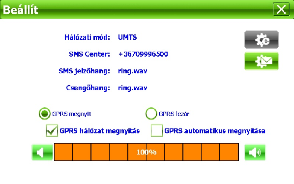 A beállítások ikon lenyomásával engedélyezheti a GPRS kapcsolatot, valamint itt állítható be az SMS küldő központ száma is: SMS üzenet küldéséhez nyomja meg az SMS ikont.