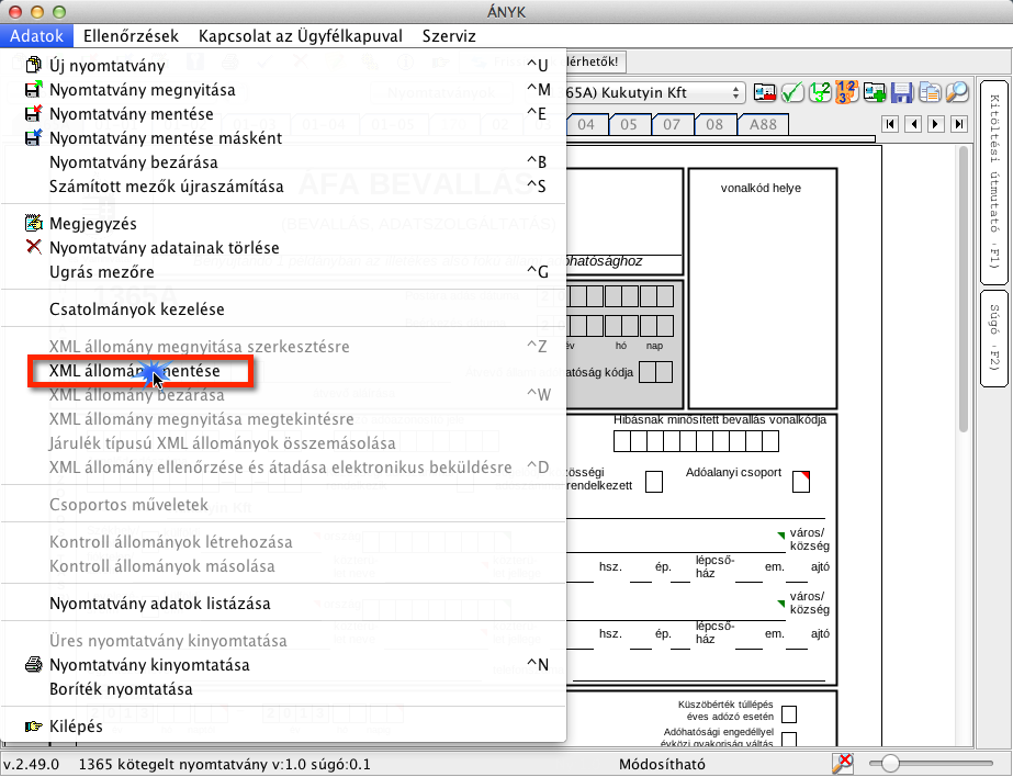 4. lépés: Elmentjük a nyomtatványt XML formátumban. Fontos, hogy a fájl neve T1365 legyen (a kiterjesztése automatikusan.xml lesz, ezt nem kell beírni).