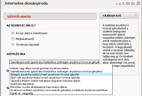 Amennyiben a szakterület Bekapcsolt akkor kattintunk az Okmányiroda kiválasztására (Ha nincs bekapcsolva a szakterület, akkor