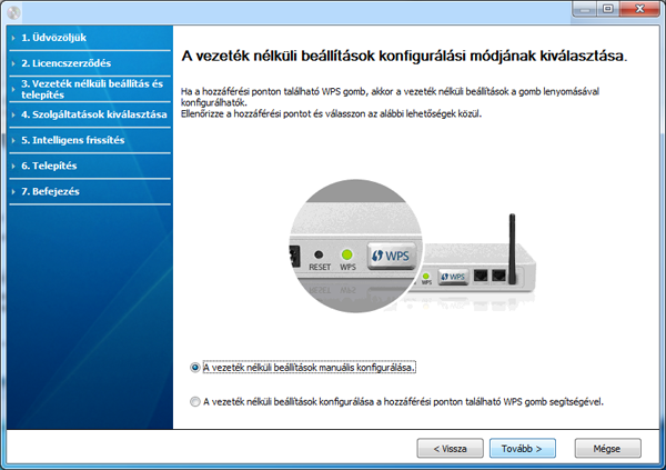 Vezeték nélküli hálózat beállítása 7 A vezeték nélküli kapcsolat beállítási módjának ablakából válassza ki a használni kívánt beállítási módot. A vezeték nélküli beállítások manuális konfigurálása.