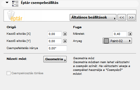 5.1.3 Általános beállítások Origó: Kezdő eltolás [X]: a csempekiosztás origójának eltolása X irányban. Az X és Y tengelyek helyzete mindig attól függ, hogy a födém rajzolását honnan kezdtük.