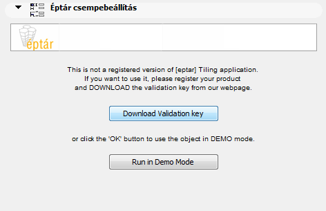 Indítsa el az ArchiCAD programot. Töltse be a könyvtárat, majd a Tárgy beállítása ablakban válassza az éptár_tiling mappát és kattintson a Download Validation Key gombra.