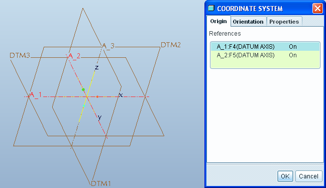 CAD - CAM ALAPOK PRO ENGINEER OKTATÓANYAG A koordináta rendszer elhelyezésénél elıször kattintsunk az A_1 tengelyre, majd a CTRL billentyő nyomva tartása mellett az A_2 re!