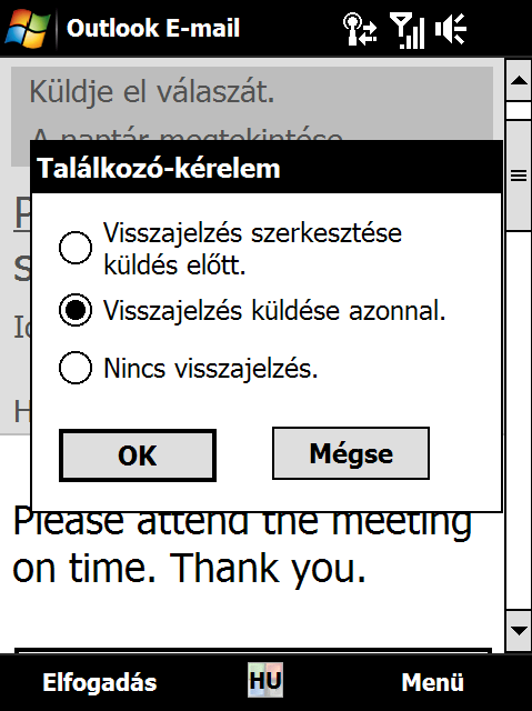 A vállalati e-mailek és az értekezlet-összehívások kezelése 141 Ha elfogadja az értekezlet-összehívást, akkor az értekezlet találkozó formájában automatikusan bekerül a készülék naptárába.