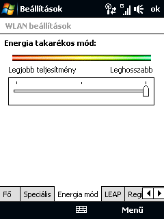 150 Internet 1. A Kezdőképernyőn csúsztassa az ujját a Beállítások fülre. 2. A Beállítások képernyőn érintse meg a Menü > Vezeték nélküli hálózatok > Energia mód fület. 3.