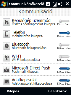 Programok 243 1 2 3 4 5 6 1 Kattintson ide a Repülés mód be- vagy kikapcsolásához. Ha bekapcsolja a Repülés módot, akkor kikapcsolja a telefonos, Wi-Fi és a Bluetooth szolgáltatásokat.