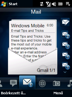72 TouchFLO Mail A Mail füllel küldhet és fogadhat e-mail üzeneteket. Maximum négy POP3/IMAP és web-alapú e-mail fiókot adhat meg ennél a fülnél, beleértve az Outlook E-mailt is.