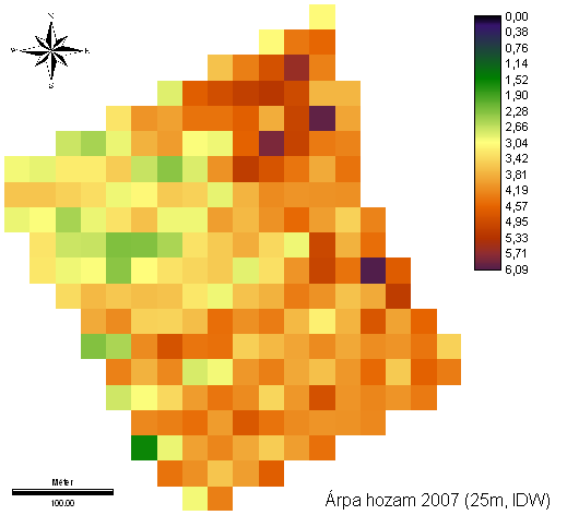 25 méteres élességő (24. ábra), illetve a légifényképekkel összehasonlítható 1 méteres élességő (25. ábra) interpolált hozamtérképeket. 24.