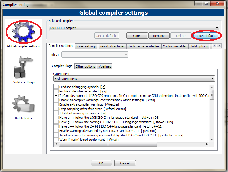 Amennyiben a fordítás hatására a program látszólag semmit sem csinál, akkor próbálkozzunk a Settings Compiler menüpontban a Global Compiler Settings lapon a Reset Defaults gomb megnyomásával. 3.