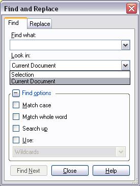 Editing (Szerkesztés) 157 Find (Keresés): megjelenik a Find and Replace (Keresés és csere) párbeszédablak Find (Keresés) füle.
