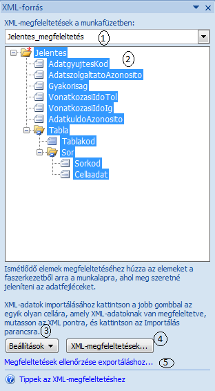 4. ábra: Excel XML forrás ablak (Saját forrás) 1) A munkafüzethez adott XML-megfeleltetések listája 2) Az aktuális XML-megfeleltetés XML-elemeinek hierarchikus listája 3) Az XML-forrás munkaablak és