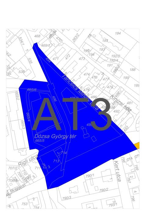 AT3. DÓZSA GYÖRGY TÉR FEJLESZTÉSE Az akcióterület kijelölése, elhelyezkedése a városszövetben, illeszkedése startégiai célokhoz Az akcióterület elhelyezkedése: Az akcióterület a Városközpont és