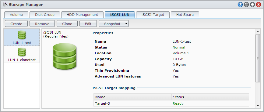 iscsi Target célok kezelése Synology DiskStation használati utasítása Menjen a Főmenü > Tároláskezelő pontra, majd a Synology DiskStation iscsi Targetjeinek kezeléséhez kattintson az iscsi Target