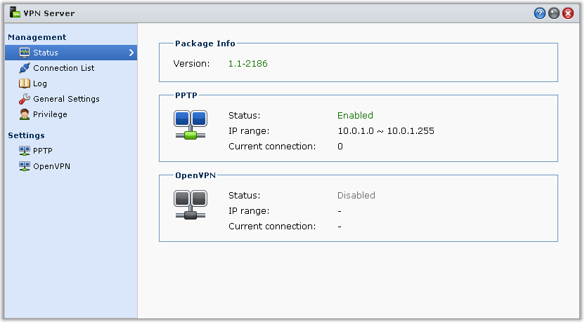 Synology DiskStation használati utasítása VPN-kapcsolat beállítása A VPN Server egy segédprogramcsomag, amely lehetővé teszi, hogy a DiskStation PPTP/OpenVPN VPN (virtuális magánhálózati) szerver