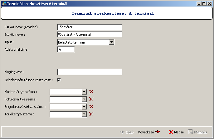 EntryProx 9.3.4. Új beléptetőpont (terminál) paraméterezése A terminálok paraméterezését kizárólag az alábbiak szerint végezze el: 1) Az első lapon adja meg az alapadatokat: 52.