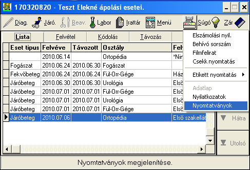 Nyomtatványkészítés Esetekből: Egy adott személy kikeresése után az Esetek gombra nyomva