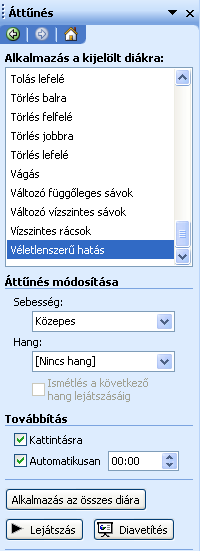 Dianézetben lehet elvégezni a szükséges változtatásokat. A háttér jóváhagyásakor az Alkalmaz gomb csak az aktuális diára alkalmazza a beállításokat, a Mindegyik az összesre, a címdiát is beleértve.