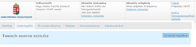 ADATRÖGZÍTÉS / Tanulói adatok kezelése: menüpontban van lehetőség a tanulói pályázati adatok rögzítésére, illetve a már rögzített tanulói adatok szerkesztésére vagy a tanulói adatlap törlésére.