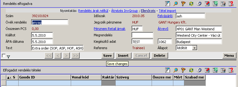 5. Az egér ball gombjával kijelöljuk a terméket a Termék oszlopba, amelyiket meg akarjátok rendelni. Azután benyomjuk az [Enter] gombot a billentyün.