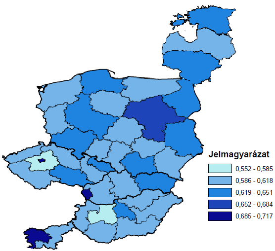 2. A Kelet-Közép-Európa és az Észak-magyarországi régió munkaerő-piaci helyzetének vizsgálata 18. ábra: Kelet-Közép-Európa HDI értékei regionális szinten (2004. év és 2009.