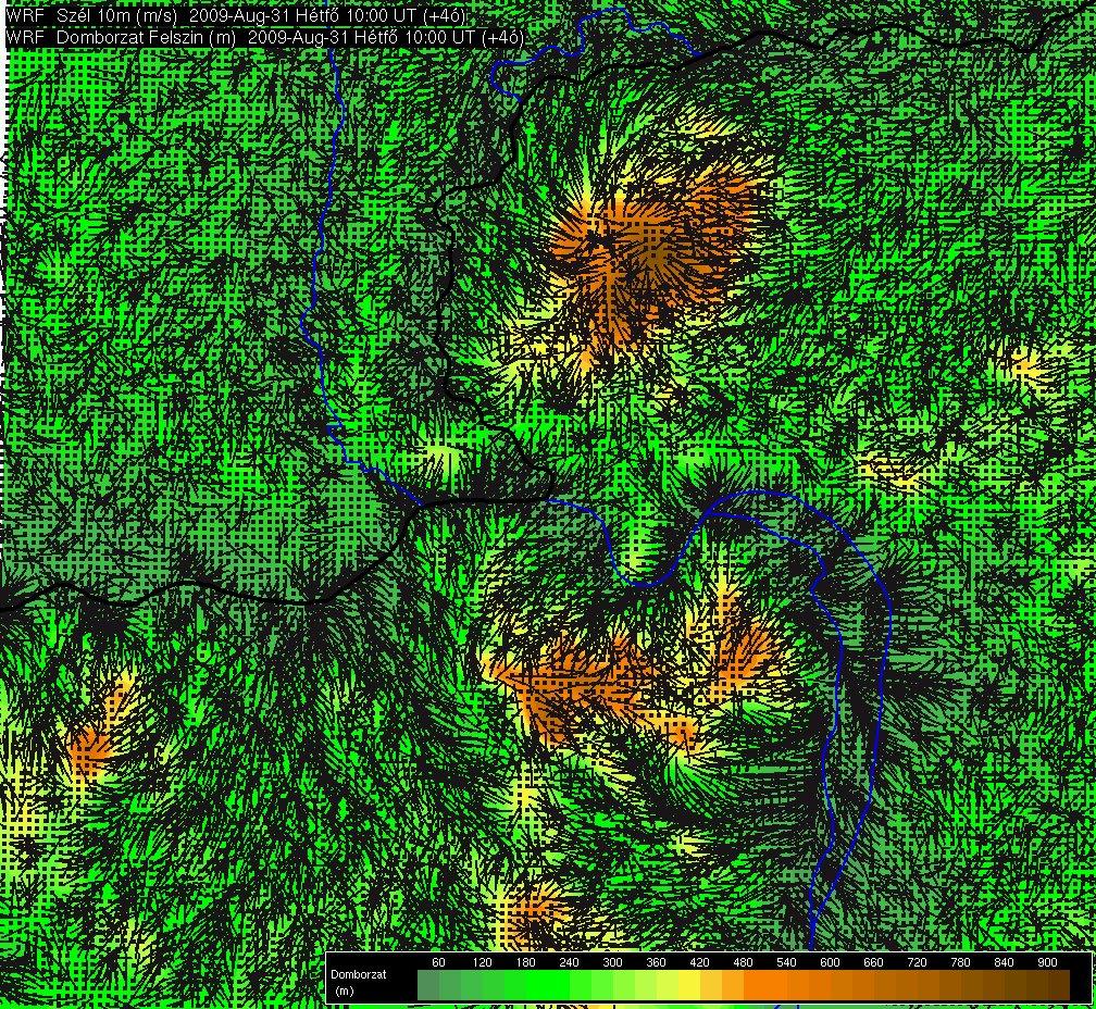 Horizontális diffúzió WRF (OMSZ) ~100 m-es horizontális felbontás 6-odrendű diffúziós tag nélküli 10 m-es szélmező és domborzat