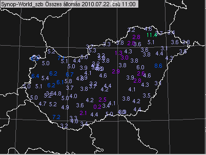 Széllökés Alacsonyszintű felhőzet 1h csapadék AROME - old 2010-07-22 11 UTC (+11 h) AROME -