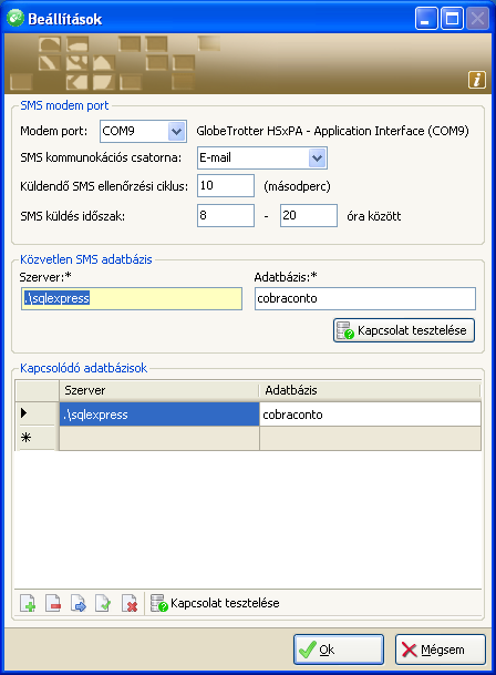 Az SMS modem port csoportban adható meg, hogy melyik porthoz van csatlakoztatva az sms küldő modem (Modem port), milyen időközönként ellenőrizze a program, hogy van-e küldendő sms, a nap mely