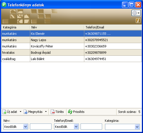 3.4. Telefonkönyv A jobb egér gombos menüben a Telefonkönyv menüpontot kiválasztva: megnyíló ablak a telefonkönyv kereső ablaka (telefonszám lista): Azoknál, akiknek egynél több telefonszáma van,