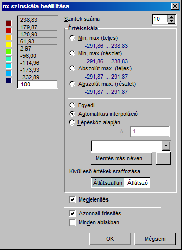 106 AxisVM 10 A Színskála palettán beállított értékeknél jelennek meg a színek közötti határok.