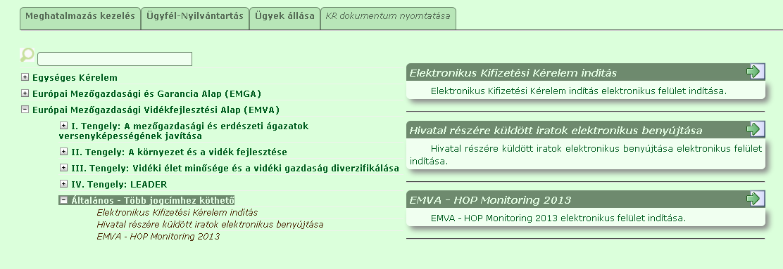 Amennyiben az MVH valamely ügyfelének meghatalmazottja, sikeres ügyfélkapus bejelentkezését követően az alábbi felület jelenik meg.