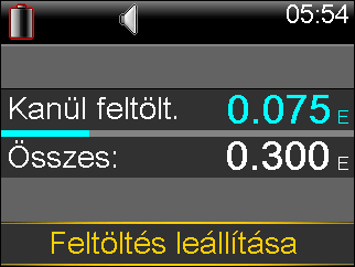 4. Amikor a kanül megkezdi a feltöltést, a képernyő megjeleníti az adagolt egységek mennyiségét. A pumpa sípol vagy vibrál, ha az adagolás kész.