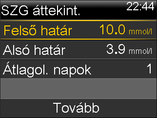 Megjegyzés: Az ezen a képernyőn beállított határértékek célja mindössze a szenzorglükózadatok megtekintése, vagyis azok nem egyeznek meg a szenzor értesítésekhez használt felső és alsó értesítési