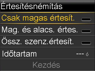 Adott értesítésnémítás beállítás Magas és alacsony értesítések Össz. szenz.értesít. Elnémítja ezeket az értesítéseket Ért. felső határnál, Ért. f. határ köz., Emelkedési értesít., Ért. alsó határnál, Ért.