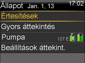 Hol található a pumpa állapotjelző képernyője? 1. Az állapotjelző képernyőre való lépéshez jelölje ki és válassza a kezdőképernyő felső részén lévő állapotsort. Bólus Bázis 17:00 VC 6.