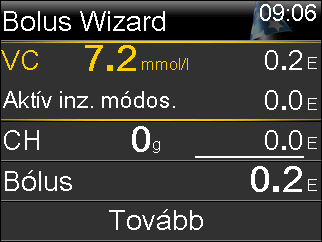 Normál bólus beadása a Bolus Wizarddal: 1. Korrekciós bólus vagy korrekcióval adott étkezési bólus esetén a VCmérőkészülékkel ellenőrizze a vércukrát.