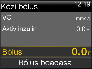 Normál bólus beadása kézi bólussal: 1. Lépjen a Kézi bólus képernyőre.